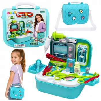 LEAN TOYS 2-w-1 Zestaw medyczny w walizce, Przenośny gabinet lekarski, Akcesoria, Niebieski