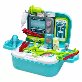LEAN TOYS 2-w-1 Zestaw medyczny w walizce, Przenośny gabinet lekarski, Akcesoria, Niebieski