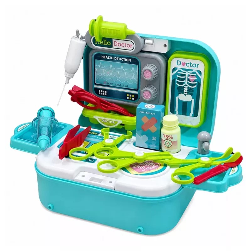 LEAN TOYS 2-w-1 Zestaw medyczny w walizce, Przenośny gabinet lekarski, Akcesoria, Niebieski