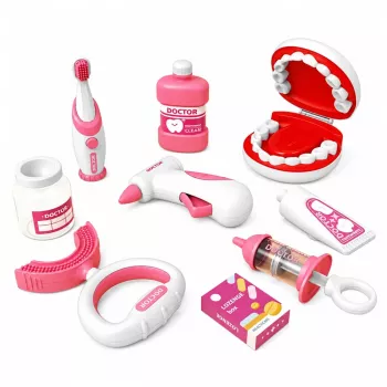 LEAN TOYS Mały zestaw dentystyczny z wibrującą szczoteczką do zębów, różowy, 15 szt.