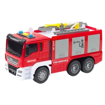 LEAN TOYS Wóz Strażacki z Funkcją Spryskiwania Wodą, Światłami i Dźwiękami – Pojazd Ratunkowy Napędzany Tarciem