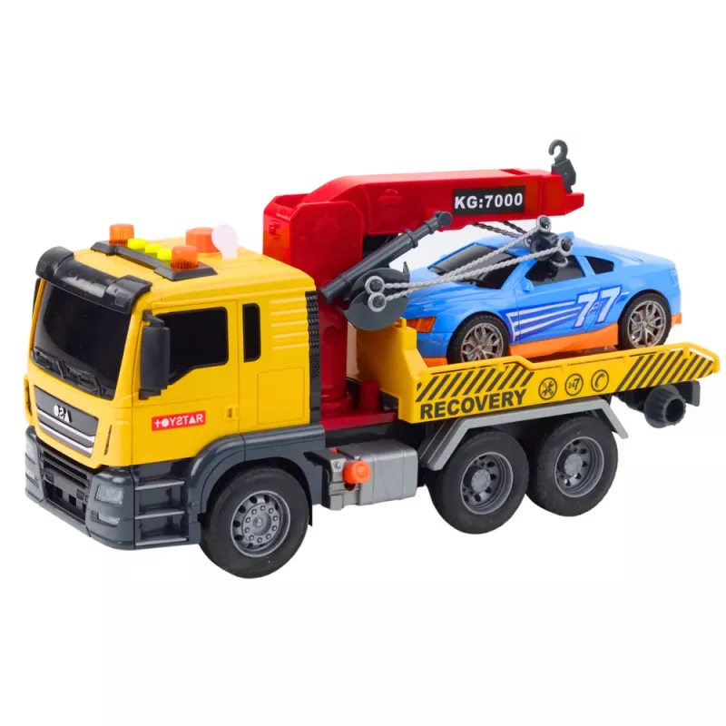 LEAN TOYS Samochód ciężarowy z dźwigiem i samochodem wyścigowym – zestaw ze światłami i dźwiękami