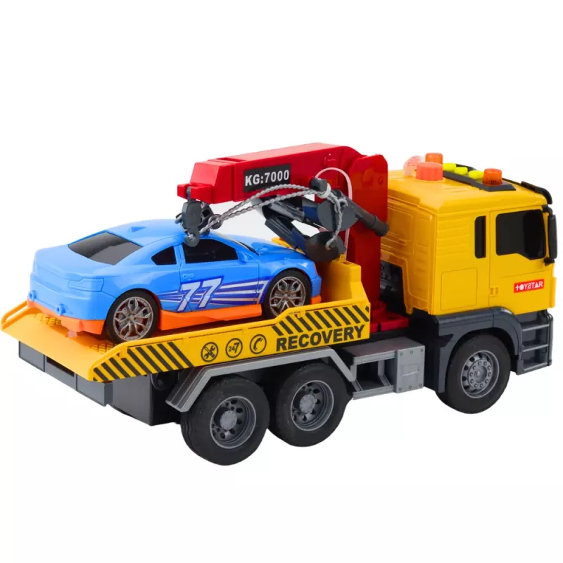 LEAN TOYS Samochód ciężarowy z dźwigiem i samochodem wyścigowym – zestaw ze światłami i dźwiękami