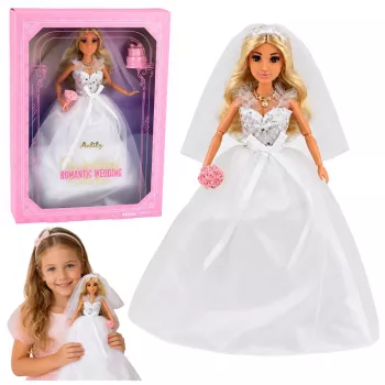 LEAN TOYS Anlily Lalka Panna Młoda w Cekinowej Sukni Ślubnej z Welonem, Bukietem, Tortem, Butami, 29 cm