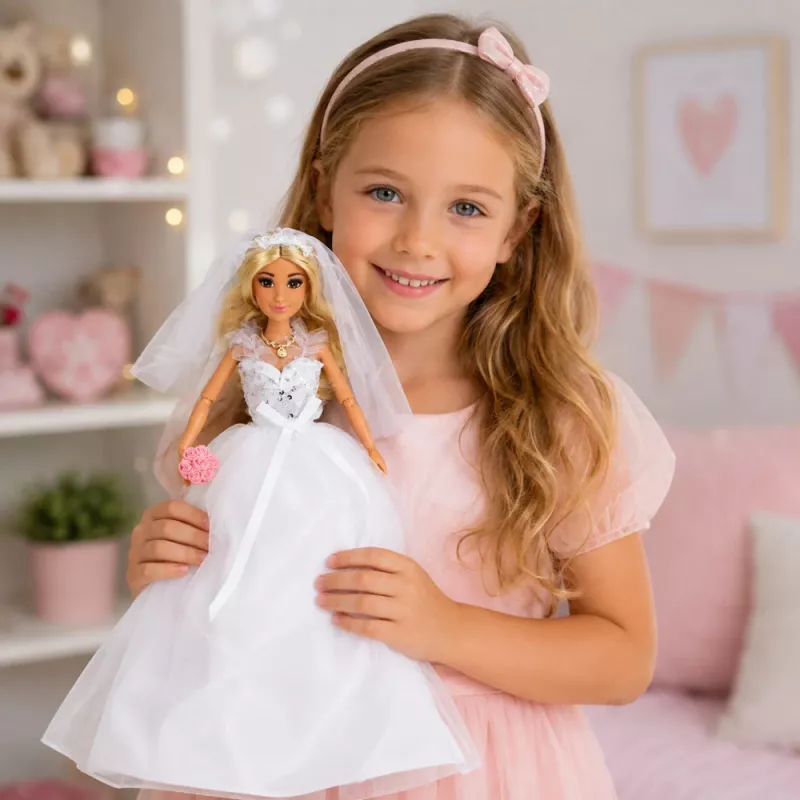 LEAN TOYS Anlily Lalka Panna Młoda w Cekinowej Sukni Ślubnej z Welonem, Bukietem, Tortem, Butami, 29 cm