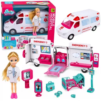 LEAN TOYS Składana karetka dla lalek Szpital Mini Akcesoria dla lalek 11 szt.