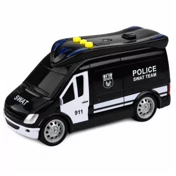 LEAN TOYS SWAT Special Unit Van Policyjny z Światłami i Dźwiękami, Skala 1:32, Akcja Pull-Back, Metal Odlewany