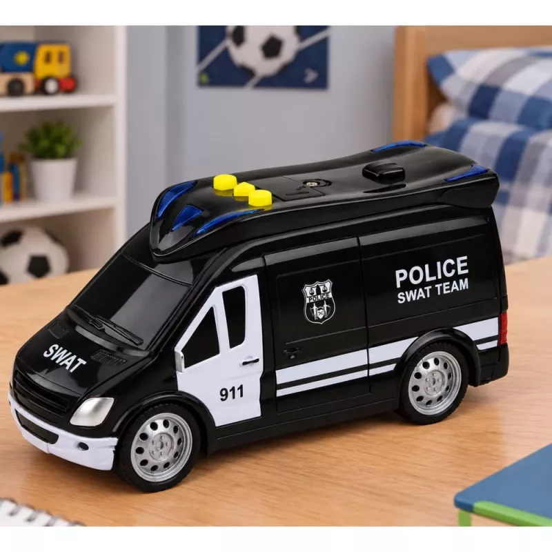 LEAN TOYS SWAT Special Unit Van Policyjny z Światłami i Dźwiękami, Skala 1:32, Akcja Pull-Back, Metal Odlewany