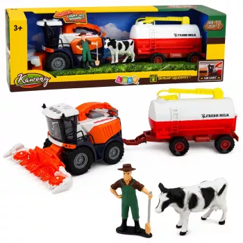 LEAN TOYS Kombajn zbożowy z cysterną na mleko, figurkami rolnika i krowy, światłem i dźwiękiem, 4-częściowy zestaw zabawkowy do gospodarstwa
