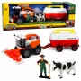 LEAN TOYS Kombajn zbożowy z cysterną na mleko, figurkami rolnika i krowy, światłem i dźwiękiem, 4-częściowy zestaw zabawkowy do gospodarstwa