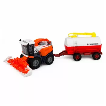 LEAN TOYS Kombajn zbożowy z cysterną na mleko, figurkami rolnika i krowy, światłem i dźwiękiem, 4-częściowy zestaw zabawkowy do gospodarstwa
