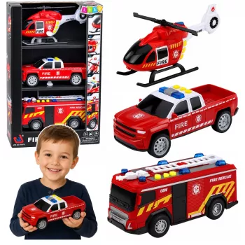 LEAN TOYS Zestaw pojazdów straży pożarnej: helikopter i samochód, światła i dźwięki 1:32