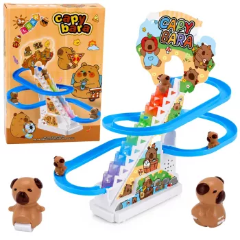 LEAN TOYS Tor zjeżdżalnią Kapibara z ruchomymi schodami, światłem i dźwiękiem - muzyczna zabawka wspinaczkowa dla dzieci 3+