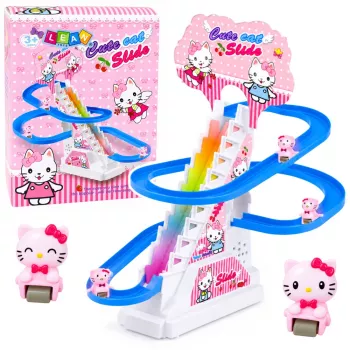 LEAN TOYS Tor zjeżdżalnią dla kociąt - ruchome schody, figurki, światła i dźwięki, interaktywna zabawka dla kota
