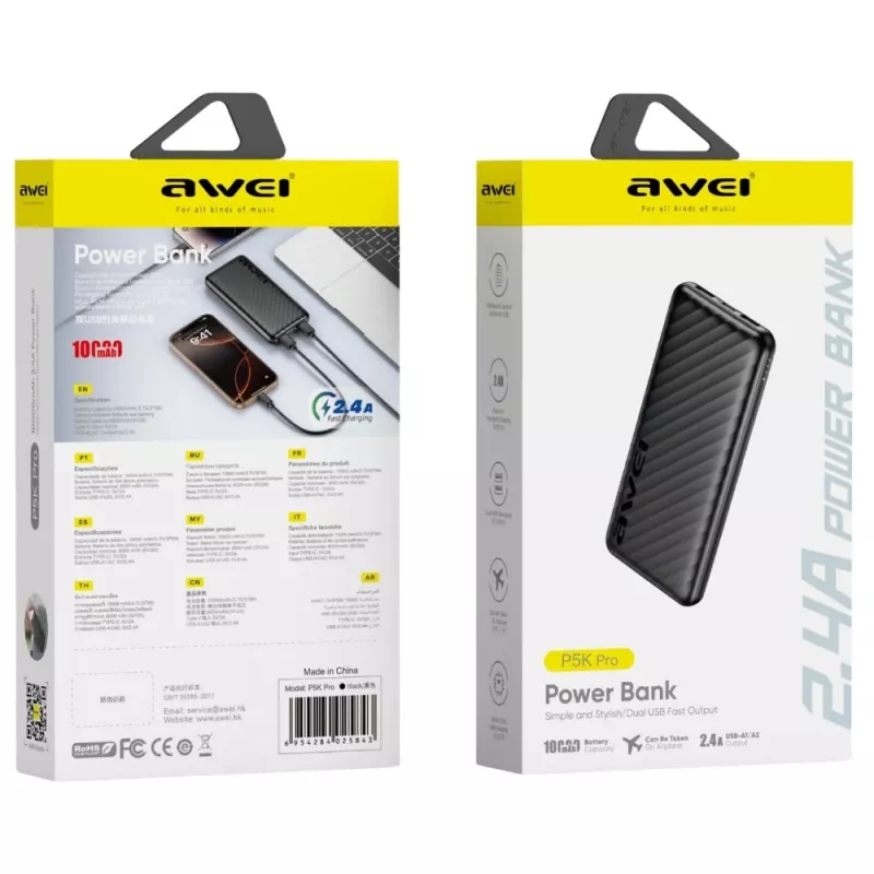 AWEI Power Bank 10000mAh P5K Pro 2xUSB - Czarny