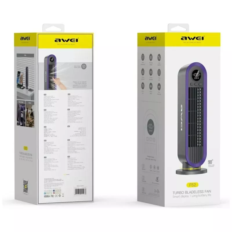 AWEI F52 Przenośny wentylator wieżowy 3600mAh USB-C ładowany, szary
