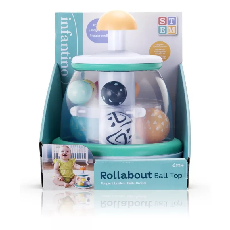 B-KIDS Rollabout Ball Top Infantino – Miętowa zabawka do układania i wirowania z grzechoczącymi koralikami dla niemowląt 6m+