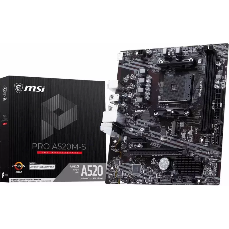 MSI A520M-S AMD A520 AM4 Micro-ATX Płyta główna - DDR4, HDMI, DVI, VGA, Gigabit LAN
