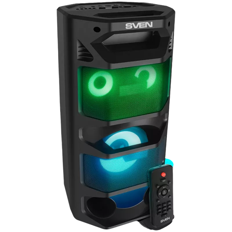 Głośnik przenośny 2.0 SVEN PS-670, Czarny, Moc wyjściowa 2x32,5W (RMS), TWS, Bluetooth, FM, USB, microSD, Wyświetlacz LED, Pilot, Bateria litowa