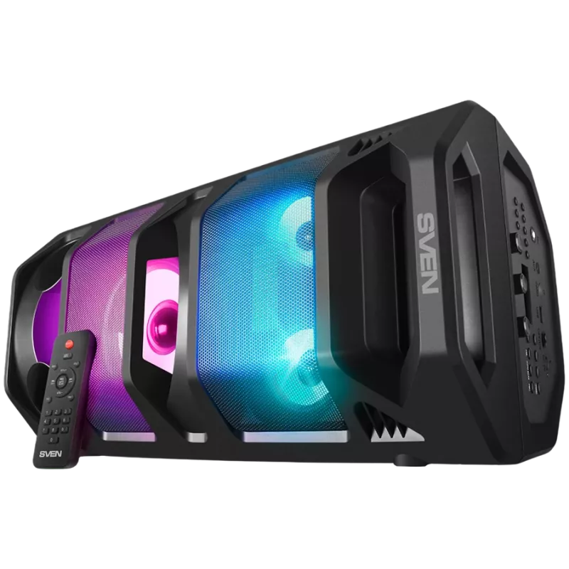 Głośnik przenośny 2.0 SVEN PS-670, Czarny, Moc wyjściowa 2x32,5W (RMS), TWS, Bluetooth, FM, USB, microSD, Wyświetlacz LED, Pilot, Bateria litowa
