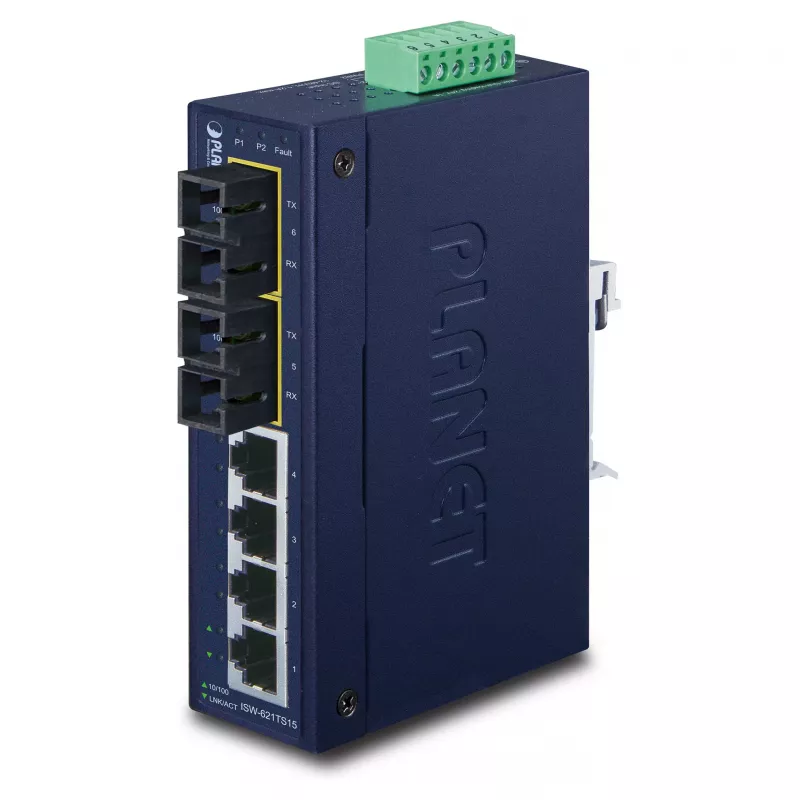 PLANET ISW-621TS15 Przemysłowy niezarządzalny przełącznik L2 Fast Ethernet z 4x 10/100 + 2x 100Base-FX SC Multi-mode, DIN-Rail/Montaż naścienny, -40 do 75°C