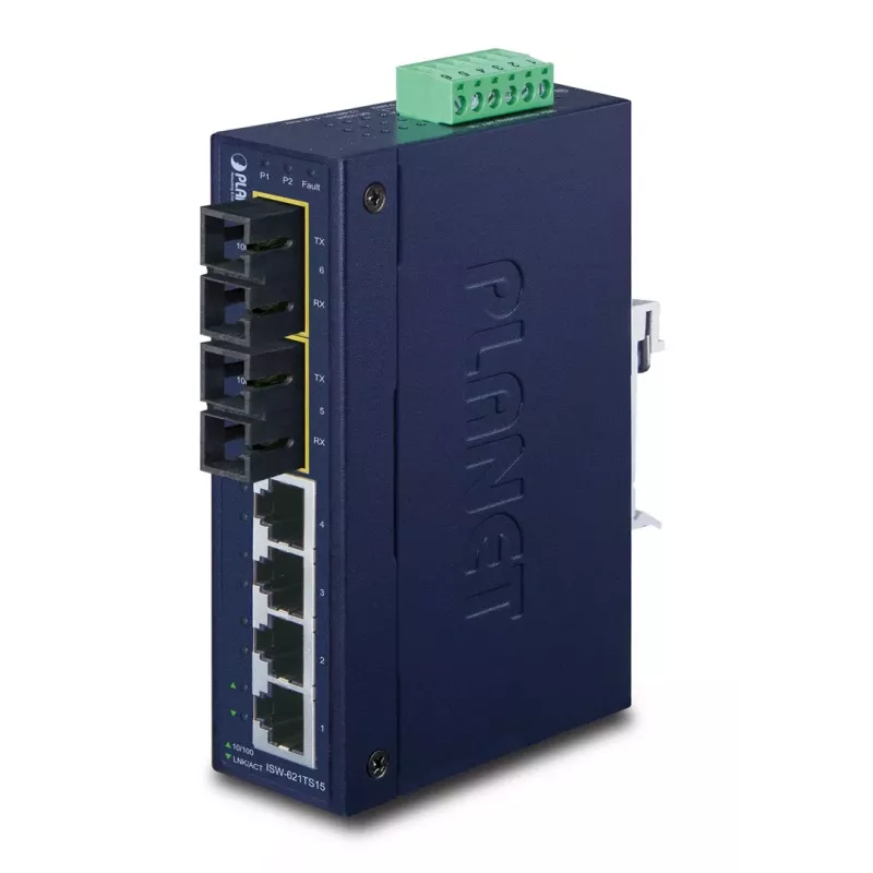 PLANET ISW-621TS15 Przemysłowy niezarządzalny przełącznik L2 Fast Ethernet z 4x 10/100 + 2x 100Base-FX SC Multi-mode, DIN-Rail/Montaż naścienny, -40 do 75°C