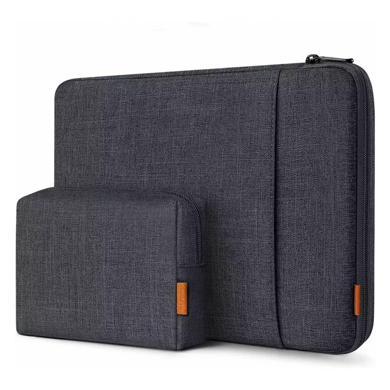 Pokrowiec na laptopa Inateck 16 cali z kieszenią na akcesoria, czarno-szary, wodoodporny poliester, zamek YKK, amortyzacja wstrząsów, odporny na zarysowania, smukła i lekka konstrukcja, kompatybilny z MacBook Pro 16 inch 2021-2023, Dell XPS 15, Surface Laptop