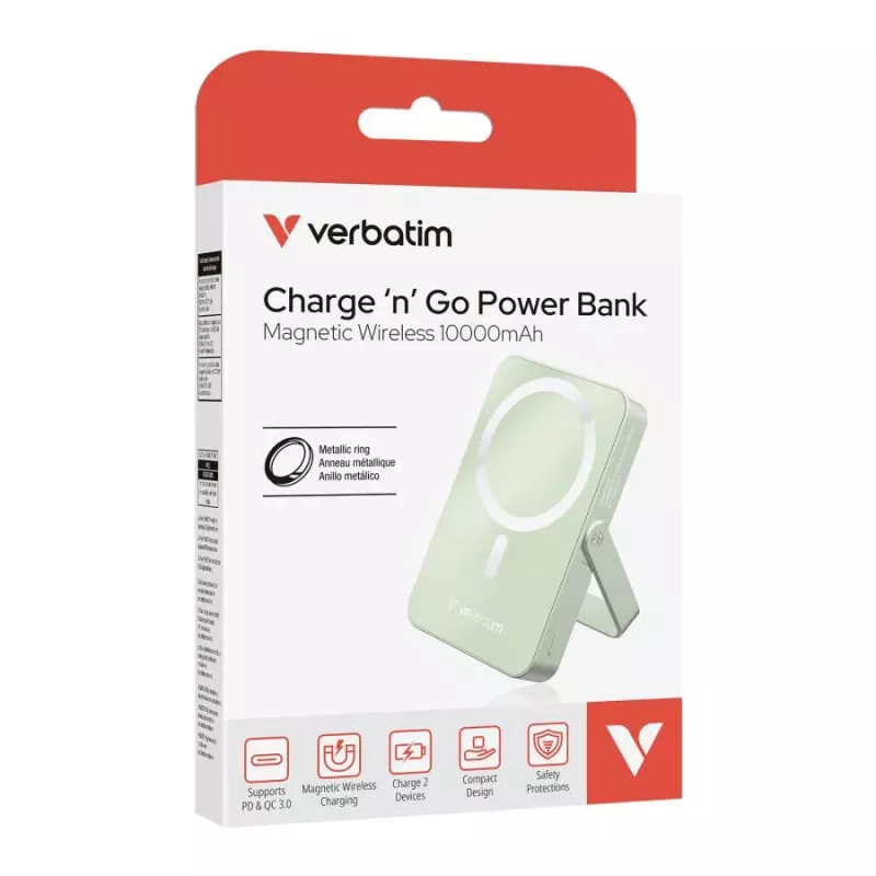 Verbatim Charge 'n' Go Magnetyczny Bezprzewodowy Power Bank z Podstawką 10000mAh USB-C PD 3.0 Zielony