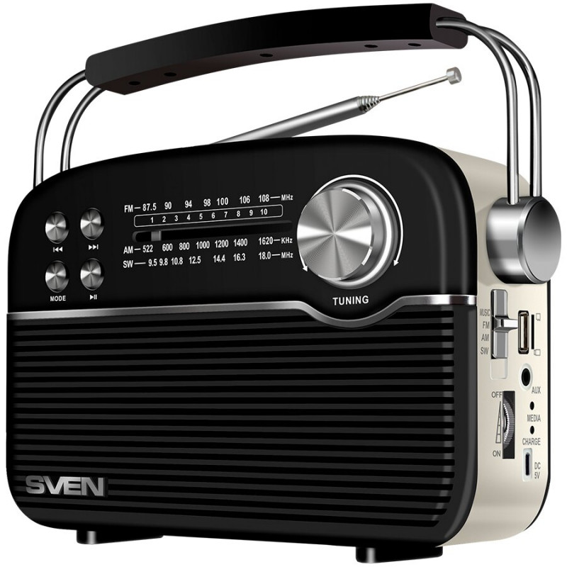 Głośnik SVEN SRP-500, Czarny (3W, Bluetooth, FM/AM/SW, USB, microSD, AUX, Bateria)
