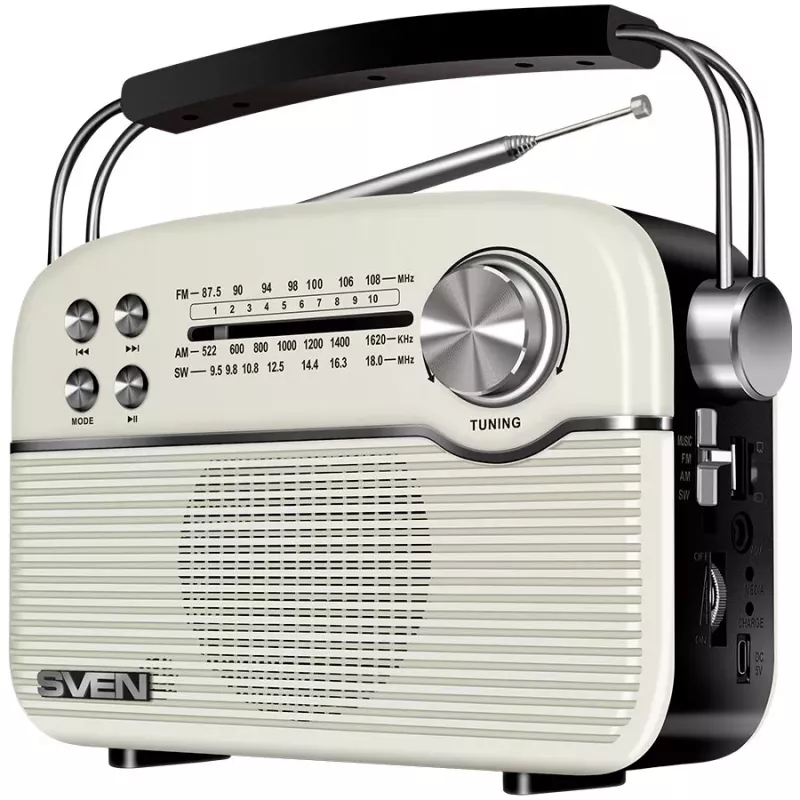SVEN SRP-500 Przenośny głośnik Bluetooth, biały (3W, radio FM/AM/SW, USB, microSD, AUX, bateria)