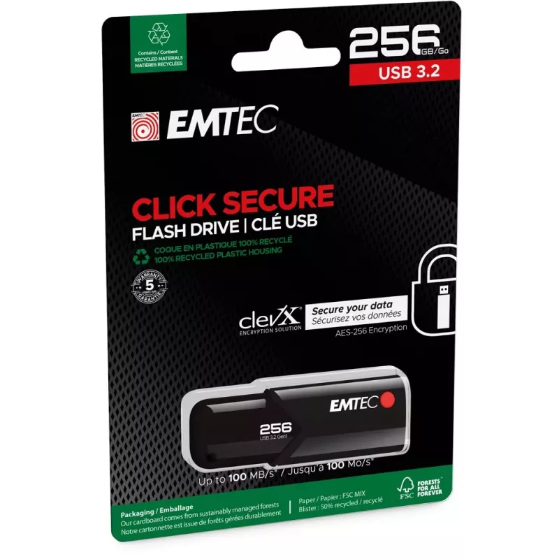Emtec USB 3.2 Click Secure B120 256GB Pendrive USB Czarny