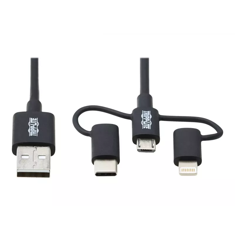 Eaton Tripp Lite Series Universal USB-A do Lightning, USB Micro-B i USB-C Sync/Charge Kabel (M/3xM), certyfikowany MFi, czarny, 1,8 m (6 ft)