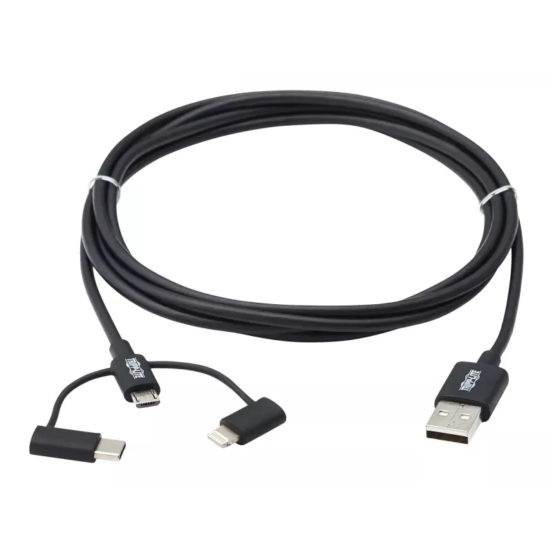 Eaton Tripp Lite Series Universal USB-A do Lightning, USB Micro-B i USB-C Sync/Charge Kabel (M/3xM), certyfikowany MFi, czarny, 1,8 m (6 ft)