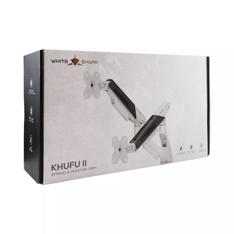 White Shark KHUFU-II GMS-3211 Podwójny uchwyt monitorowy na biurko - sprężyna gazowa, 17 inch-32 inch, 9 kg na ramię, czarny