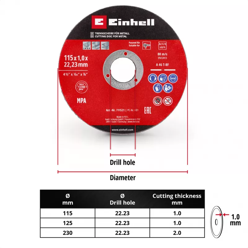 EINHELL-KWB Cienka tarcza tnąca, Ø 115 x 1,0 mm, 5 sztuk (do szlifierki kątowej)