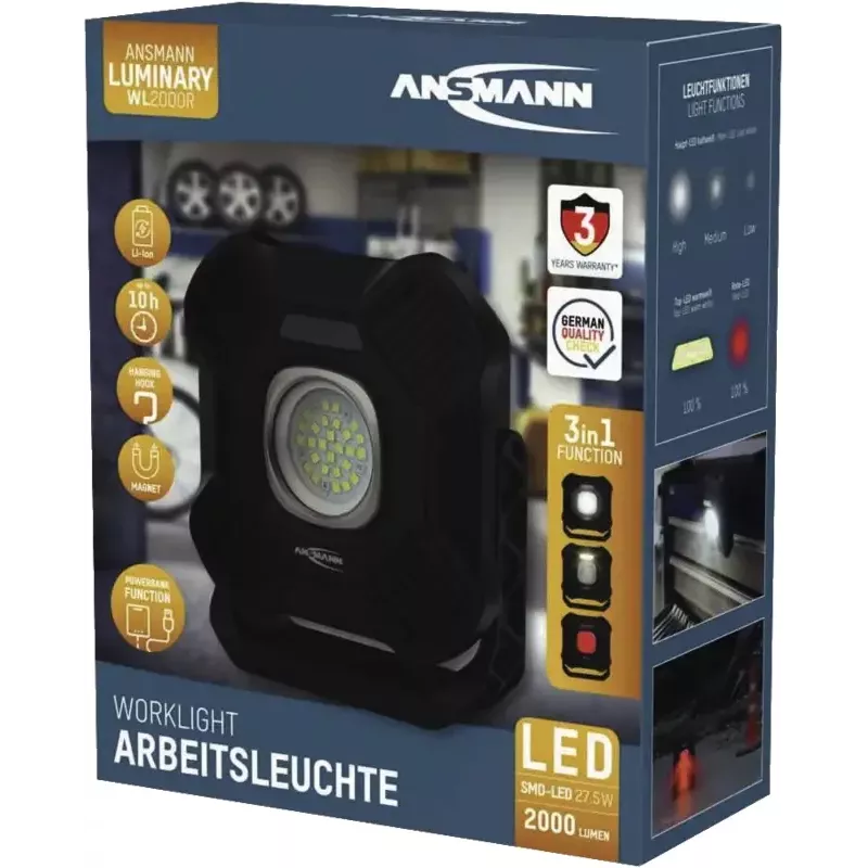 ANSMANN WL2000R Akumulatorowa lampa robocza LED, czarna, 20W, 2000lm, z magnesem, hakiem, statywem - 1 szt. (1600-0755)