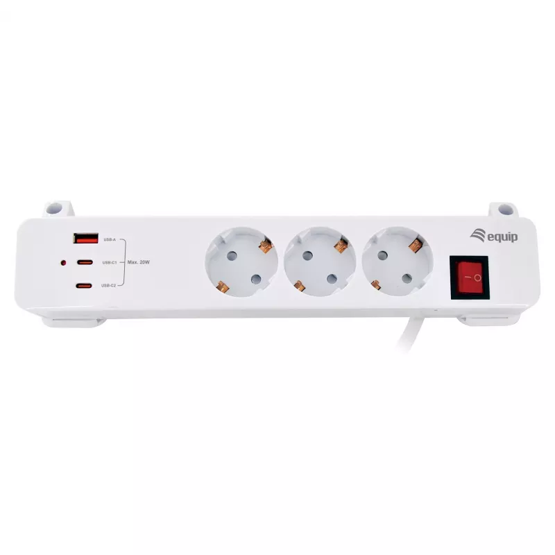Equip Power Strip CEE 7/7 90° do 3x Schuko / 2x USB-C + USB-A, Biały, 1.5m
