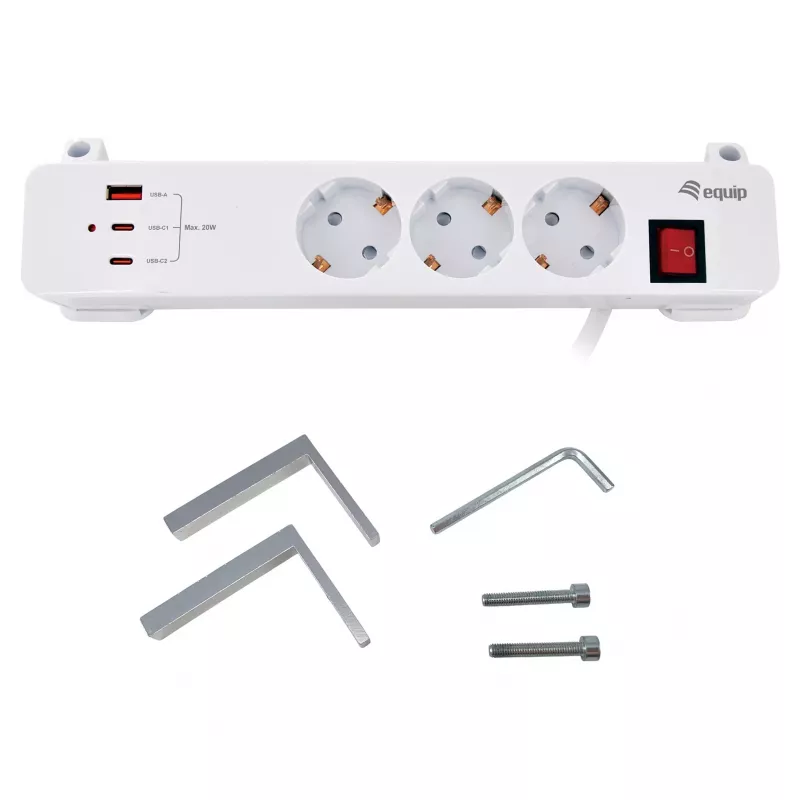 Equip Power Strip CEE 7/7 90° do 3x Schuko / 2x USB-C + USB-A, Biały, 1.5m