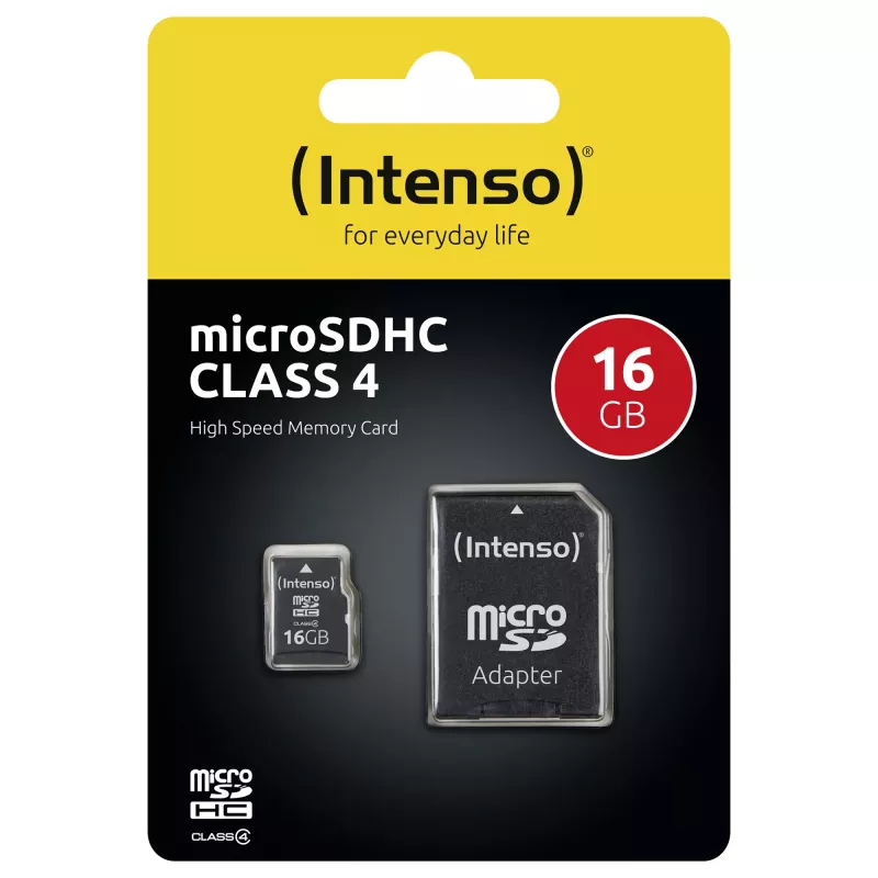 Karta pamięci Intenso 16GB MicroSDHC Class 4 z adapterem SD, prędkość odczytu do 21 MB/s, czarna