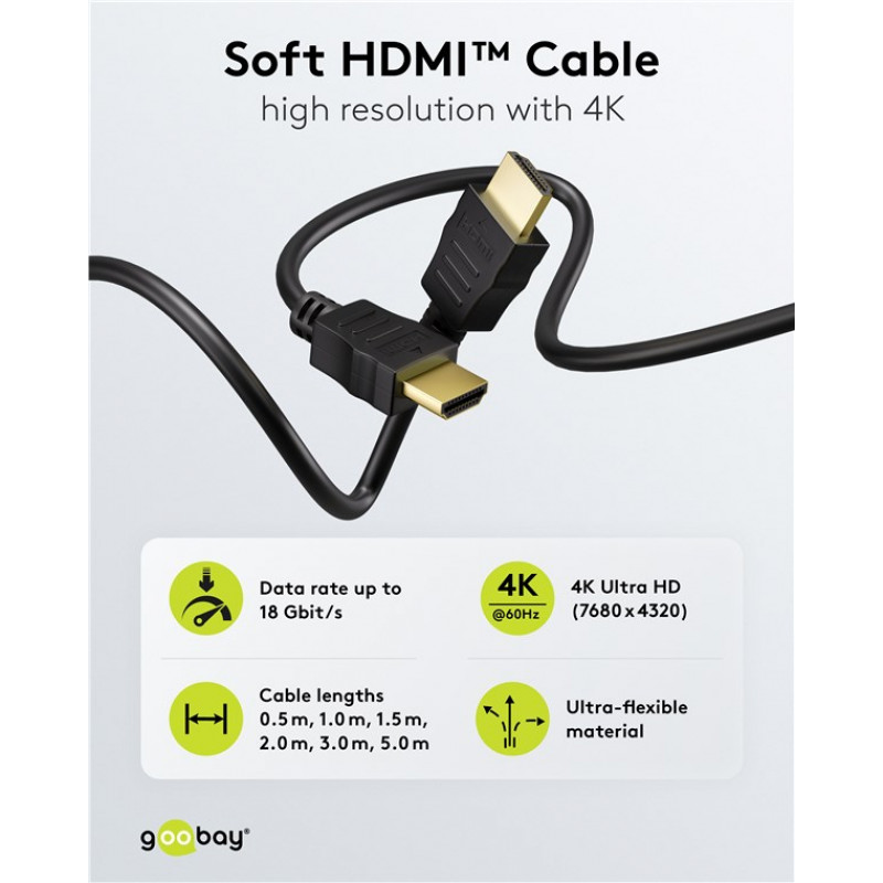 Goobay 80104 Soft HDMI High-Speed Cable with Ethernet, 3 m, Black