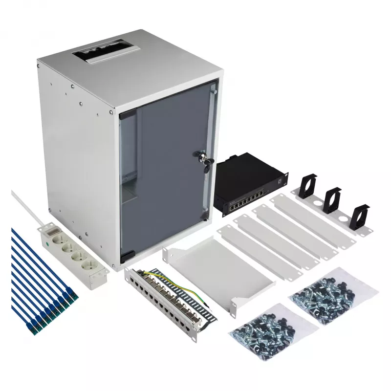 EFB 10-Inch Wall Mount Cabinet 9U 300mm Depth Light Grey (RAL 7035) with Safety Glass Door