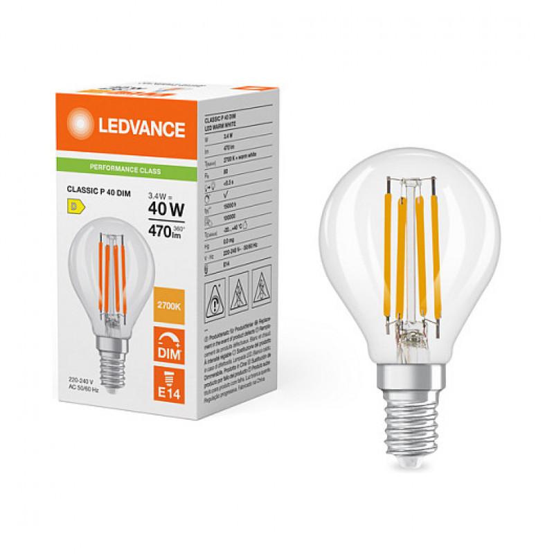 OSRAM CLP40 DIM 3.4W 827 FIL CL E14 P LED Dimmable Drop Lamp Clear 2700K
