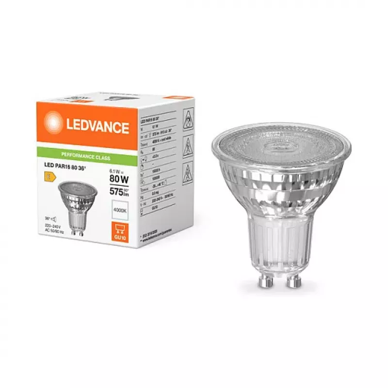 Osram LED PAR16 80 36 P 6.1W 840 GU10 LED Reflector Lamp, Cool White, 460 lm, 36° Beam Angle, Non-Dimmable