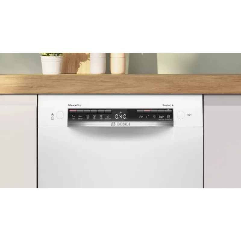 Bosch SPU4HMW01S Wolnostojąca Zmywarka Wąska, Biała, 9 Kompletów, Klasa Energetyczna C, 45 dB, EcoSilence Drive, Home Connect