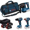 BOSCH Power Tools 18V Professional Combo Kit: Młotowiertarka GBH 18V-22 + Wiertarko-wkrętarka GSR 18V-65 + Klucz udarowy GDX 18V-285 (Niebieski/Czarny, 3x akumulatory 5.0Ah Li-Ion, torba narzędziowa)