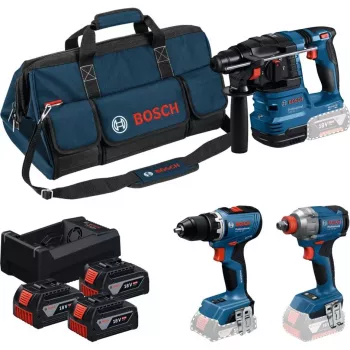BOSCH Power Tools 18V Professional Combo Kit: Młotowiertarka GBH 18V-22 + Wiertarko-wkrętarka GSR 18V-65 + Klucz udarowy GDX 18V-285 (Niebieski/Czarny, 3x akumulatory 5.0Ah Li-Ion, torba narzędziowa)