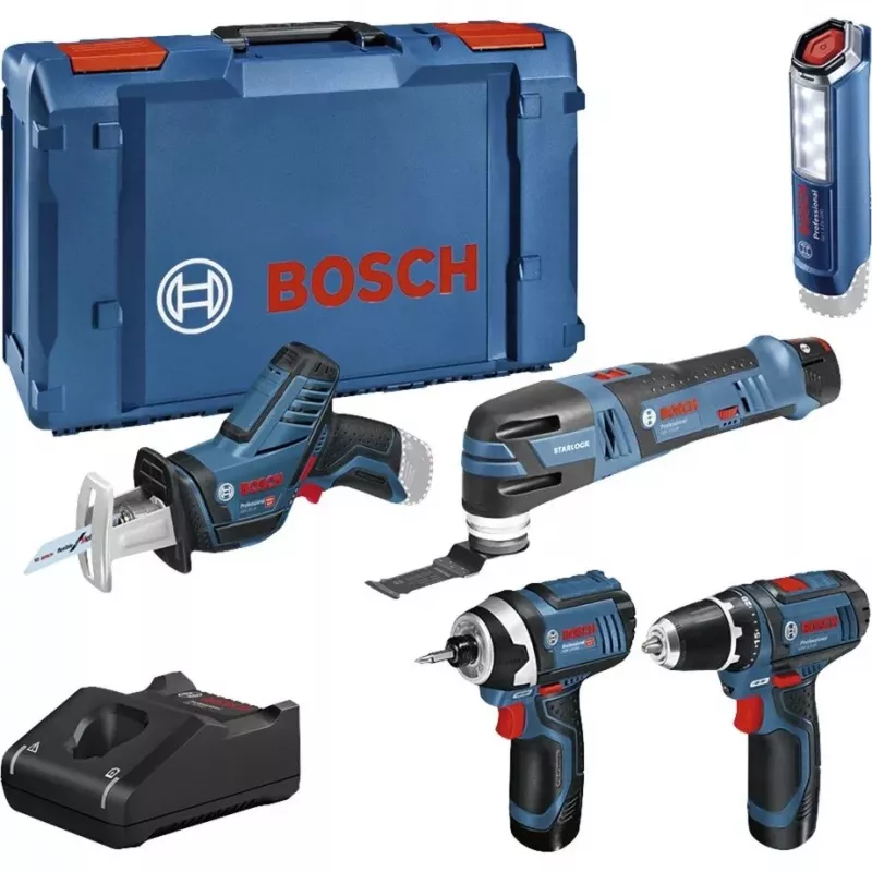 Zestaw 5 narzędzi Bosch Power Tools 12V GOP + GSR + GDR + GSA + GLI (Niebieski, 3x akumulator Li-Ion 2.0 Ah)