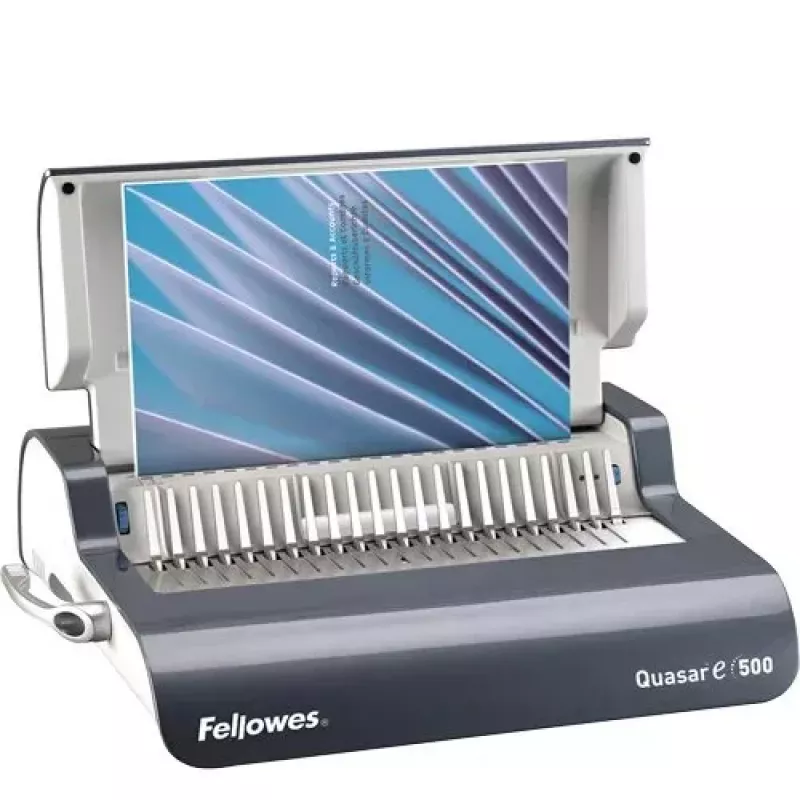 Fellowes Quasar-E 500 Elektryczna maszyna do bindingu grzebieniowego, 20 arkuszy na przebicie, pojemność 500 arkuszy, A4, 21 prostokątnych otworów, regulowany margines, obudowa metalowo-plastikowa, duży pojemnik na odpady