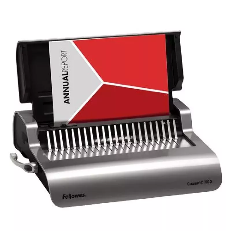 Fellowes Quasar-E 500 Elektryczna maszyna do bindingu grzebieniowego, 20 arkuszy na przebicie, pojemność 500 arkuszy, A4, 21 prostokątnych otworów, regulowany margines, obudowa metalowo-plastikowa, duży pojemnik na odpady