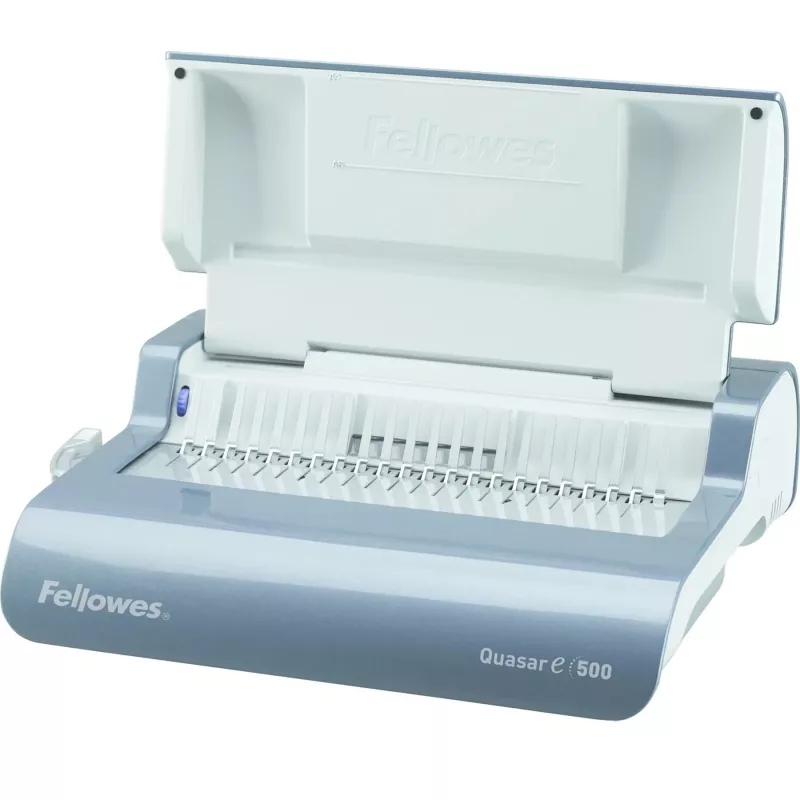 Fellowes Quasar-E 500 Elektryczna maszyna do bindingu grzebieniowego, 20 arkuszy na przebicie, pojemność 500 arkuszy, A4, 21 prostokątnych otworów, regulowany margines, obudowa metalowo-plastikowa, duży pojemnik na odpady